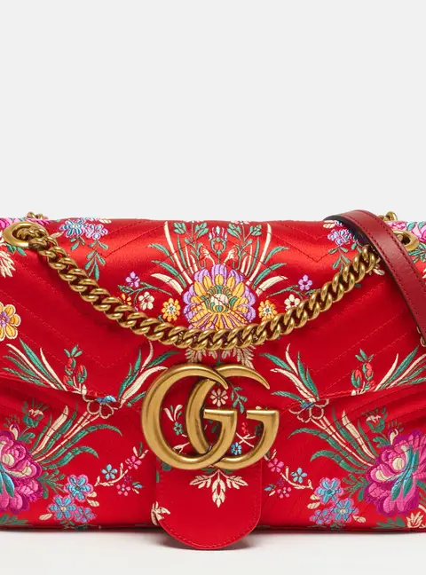 Gucci Embroidered GG Marmont Medium Red Matelass&eacute; Satin Shoulder Bag