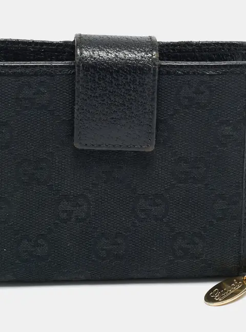 Gucci Boot Charm Black GG Canvas and Leather Flap Compact Wallet