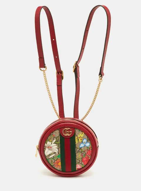 Gucci Red GG Supreme Flora Ophidia Round Coated Canvas and Leather Backpack