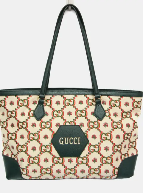 Gucci 100th Anniversary Green Beige Canvas Leather Tote Bag