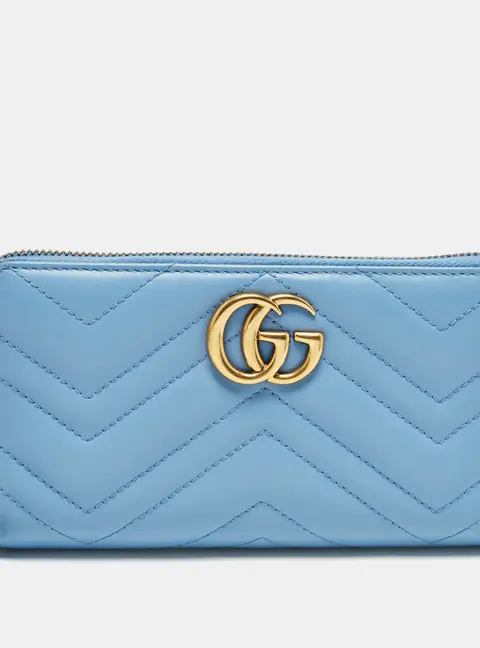 Gucci GG Marmont Blue Matelasse Leather Zip Around Wallet