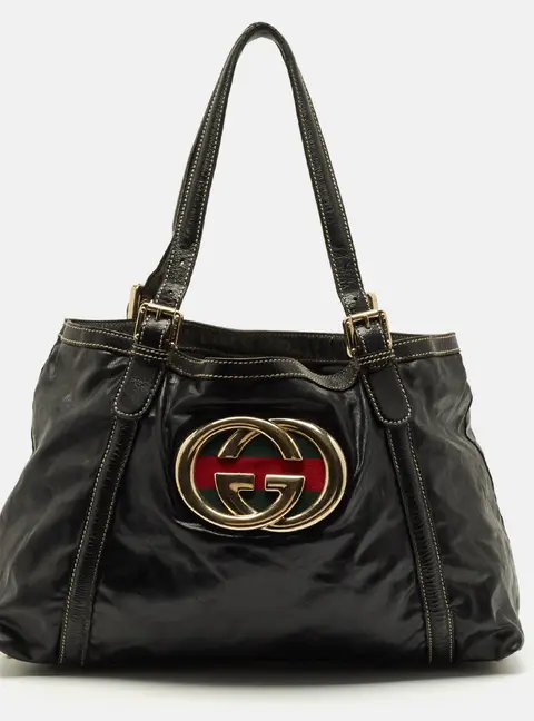 Gucci Dialux Britt Medium Black Coated Fabric and Patent Leather Tote