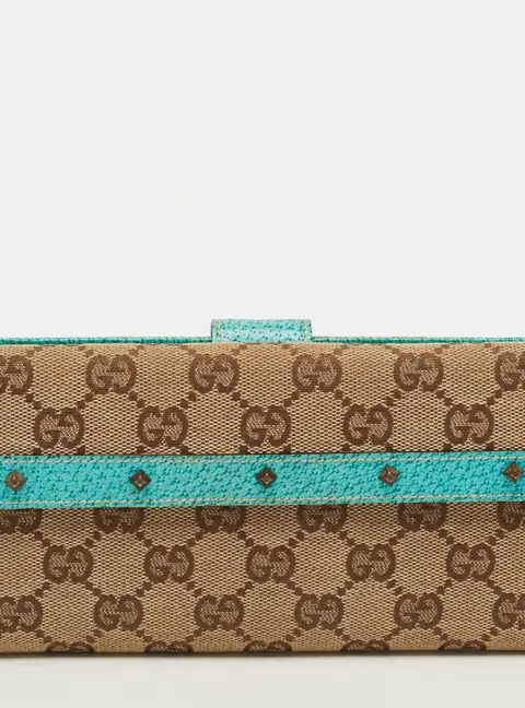 Gucci Studded Flap Beige/Turquoise GG Canvas and Leather French Continental Wallet