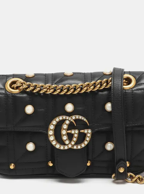 Gucci GG Pearl Marmont Flap Mini Black Matelass&eacute; Leather Shoulder Bag