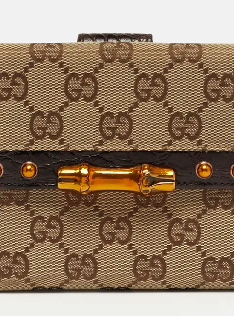 Gucci Bamboo Bar Beige/Brown GG Canvas and Croc Embossed Leather French Wallet