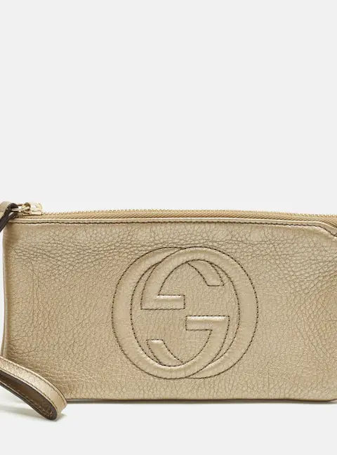 Gucci Soho Metallic Beige Leather Wristlet Clutch