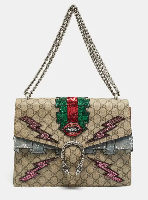 Gucci Embellished Patch Dionysus Medium Beige GG Supreme Canvas and Suede Shoulder Bag