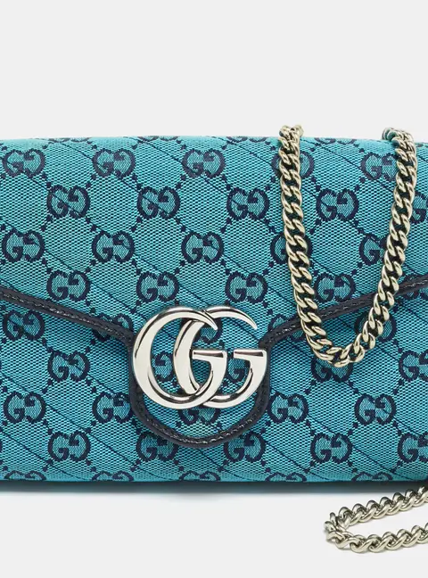 Gucci GG Marmont Blue/Black GG Diagonal Quilt Canvas and Leather Wallet on Chain
