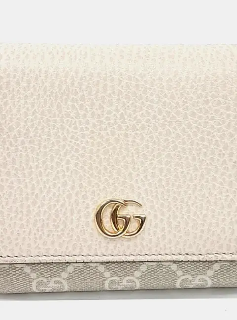 Gucci GG Marmont 598587 Wallet Beige Grained Leather Monogram Canvas Half Wallet