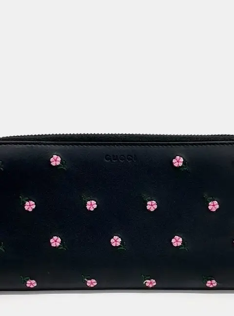 Gucci 428785 Long Wallet Black Leather Embroidered Wallet