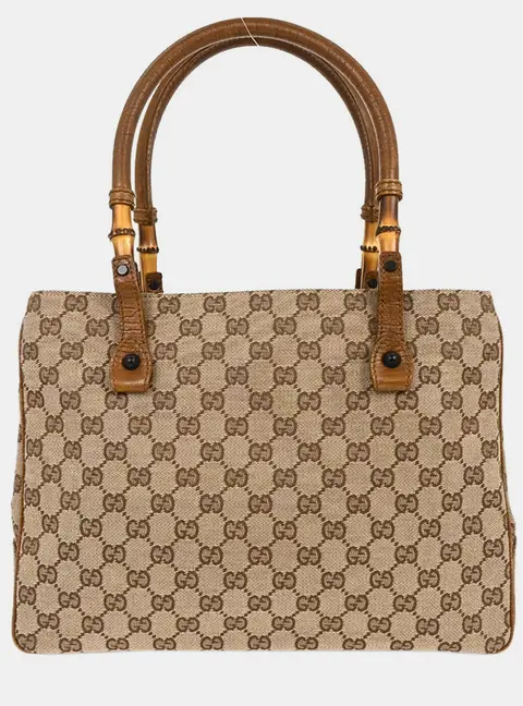 Gucci Brown Beige Bamboo GG Tote Bag
