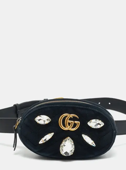 Gucci GG Marmont Crystals Black Matelass&eacute; Velvet and Leather Belt Bag