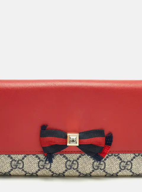 Gucci Bow Crystal Embellished Red/Blue GG Supreme Canvas and Leather Continental Wallet