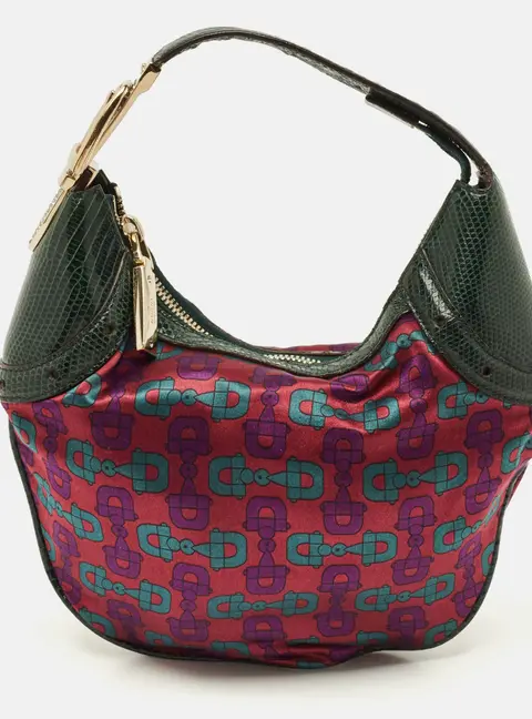 Gucci Glam Green Horsebit Print Satin and Lizard Hobo