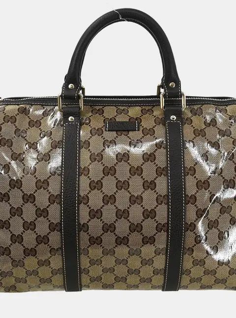 Gucci Crystal GG Duffle Brown Coated Canvas Leather Top Handle Bag