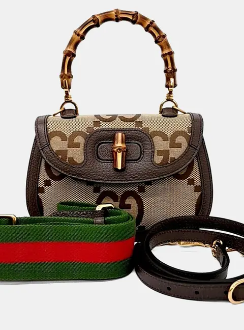 Gucci Bamboo 1947 Small Brown Monogram Fabric Leather Top Handle Bag