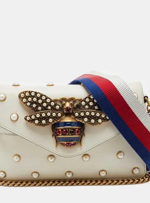Gucci Cream Leather Mini Faux Pearl Studded Broadway Bee Shoulder Bag