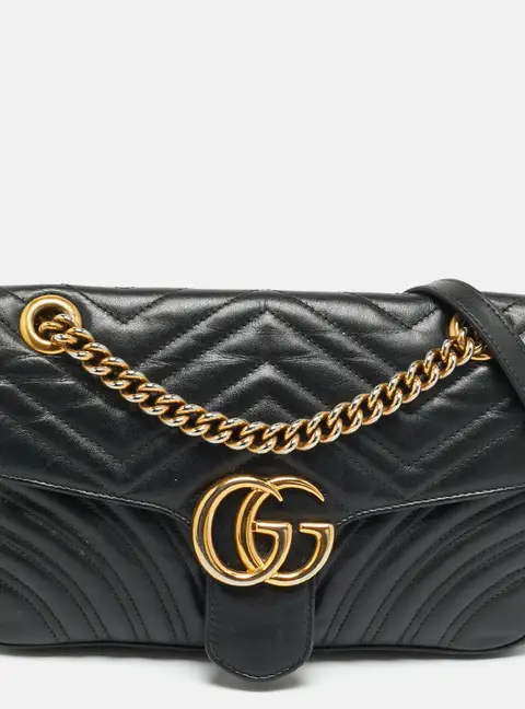 Gucci GG Marmont Medium Black Matelass&eacute; Leather Shoulder Bag