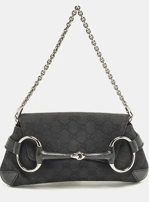 Gucci Horsebit Black GG Canvas and Leather Chain Clutch