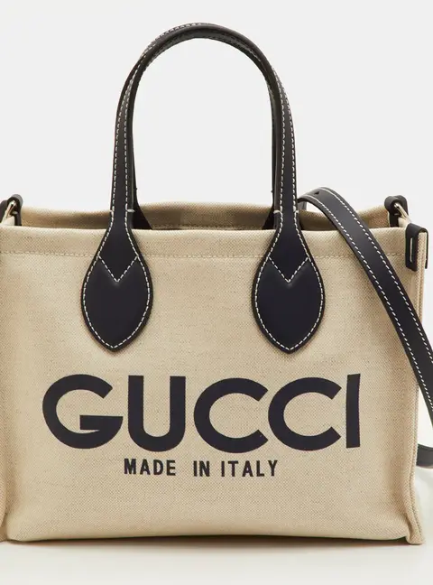 Gucci Logo Print Beige/Navy Blue Canvas and Leather Limited Edition Tote