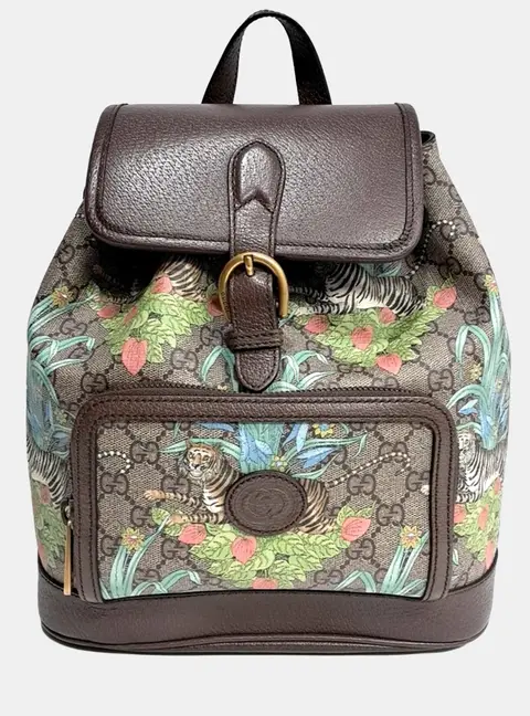 Gucci Tiger Interlocking Brown Mini GG Coated Canvas Leather Backpack Bag