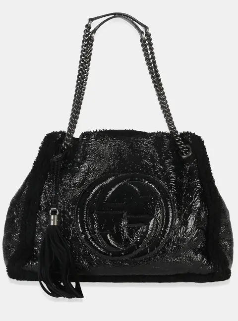 Gucci Soho Medium Black Patent Shearling Hobo Bag