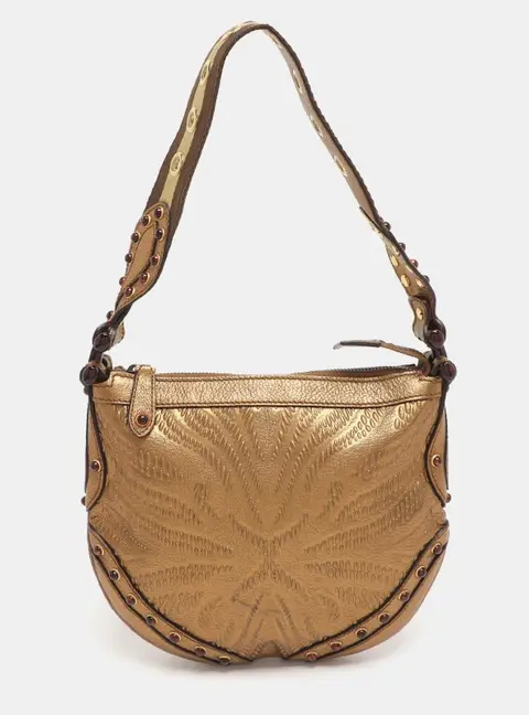Gucci Gold Embossed Leather Small Studded Pelham Hobo