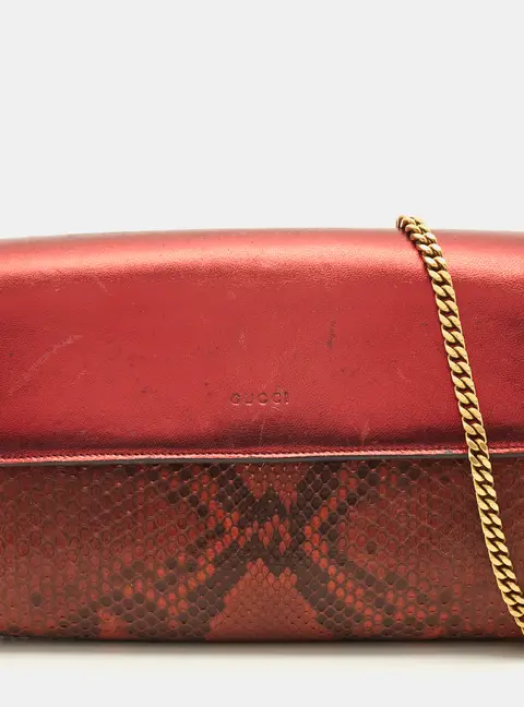 Gucci Flap Red/Brown Leather and Python Chain Clutch