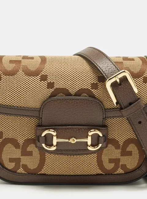 Gucci Horsebit 1955 Mini Beige/Brown Jumbo GG Canvas and Leather Shoulder Bag