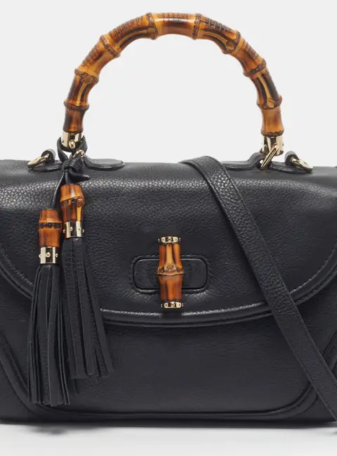 Gucci New Bamboo Tassel Large Black Leather Top Handle Bag