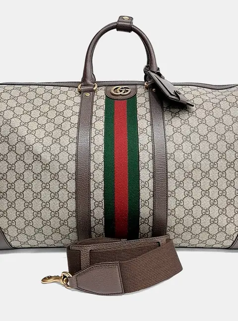 Gucci Savoy Large Beige Ebony GG Supreme Canvas Brown Leather Duffle Bag