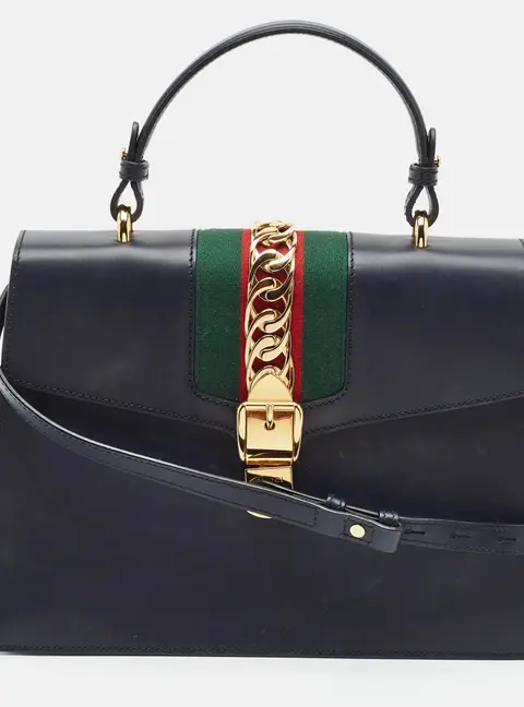 Gucci Sylvie Medium Navy Blue Leather Top Handle Bag