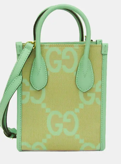 Gucci Jumbo GG Beige, Light Green Canvas, Leather Shoulder Bag