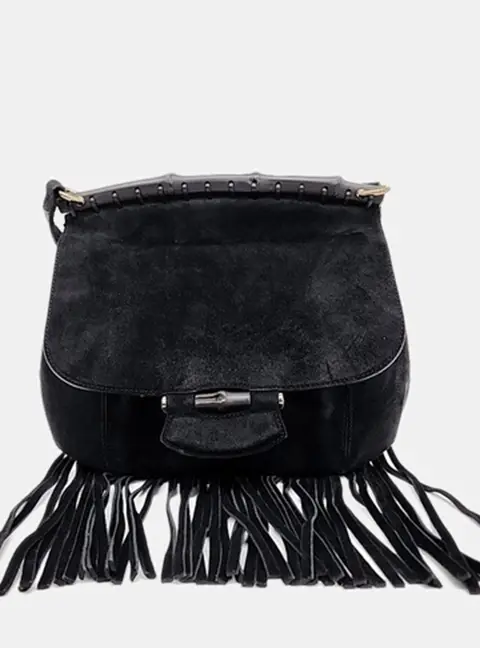 Gucci Suede Bamboo Fringe Crossbody Bag (347099)