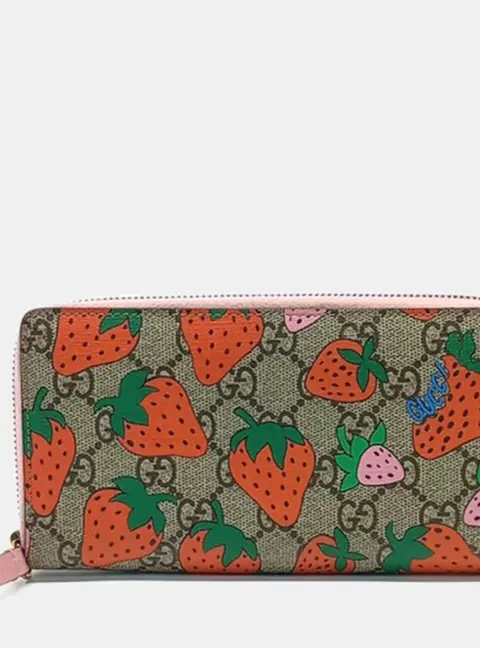 Gucci Strawberry Print Zip Around Long Pink PVC Long Wallet Bag