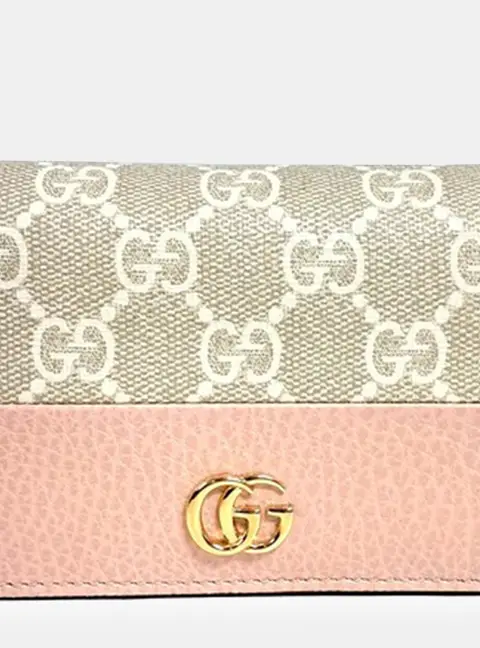 Gucci Marmont Beige GG Supreme Canvas Pink Leather Card Holder Bag