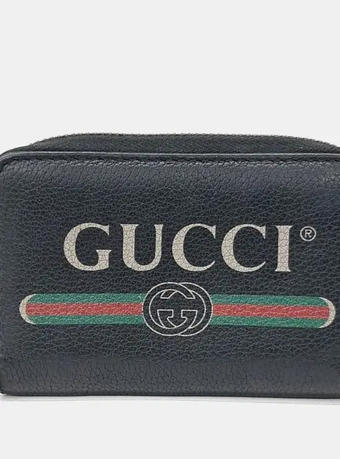 Gucci Logo Print Black Grained Leather Wallet