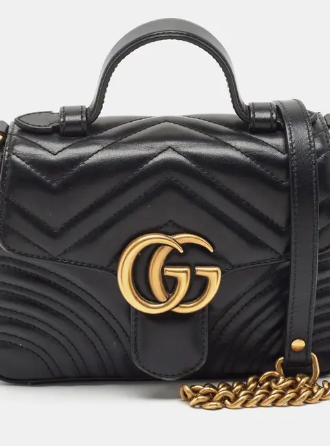 Gucci GG Marmont Mini Black Matelass&eacute; Leather Top Handle Bag