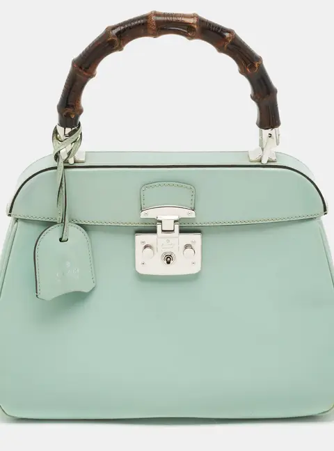 Gucci Bamboo Lady Lock Medium Mint Green Glazed Leather Top Handle Bag