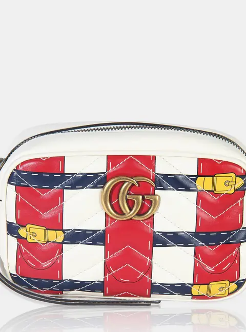 Gucci Trompe L'Oeil Print Beige/Blue/Red Calfskin Matelasse Small GG Marmont Camera Bag