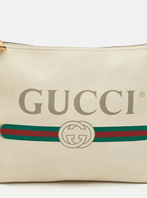 Gucci Logo Portfolio Cream Leather Zip Pouch Clutch