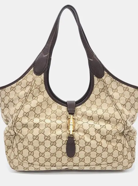 Gucci Mercato Medium Beige Brown GG Canvas Leather Tote Bag