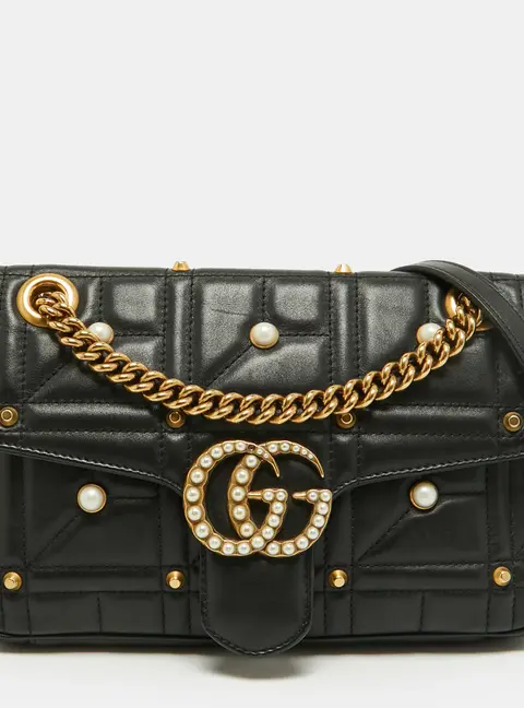 Gucci GG Marmont Pearly Small Black Matelass&eacute; Leather Shoulder Bag