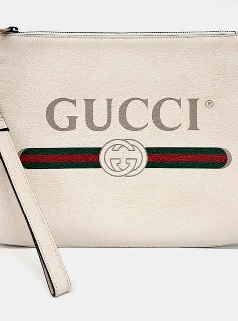 Gucci Logo Large White Leather Pouch Bag