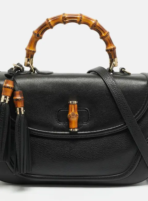 Gucci New Bamboo Tassel Large Black Leather Top Handle Bag