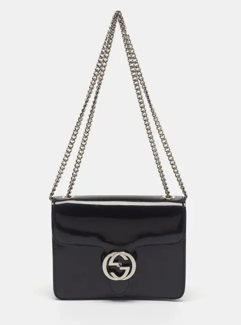 Gucci Dollar Interlocking G Black Glossy Leather Shoulder Bag