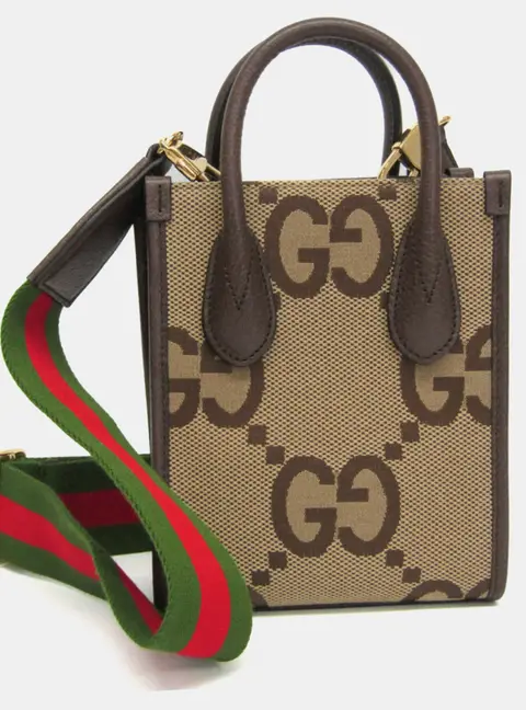 Gucci Jumbo GG Mini Beige Dark Brown Canvas Leather Top Handle Bag