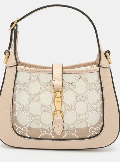Gucci Jackie 1961 Mini Powder Pink Crystal GG Mesh and Lizard Shoulder Bag