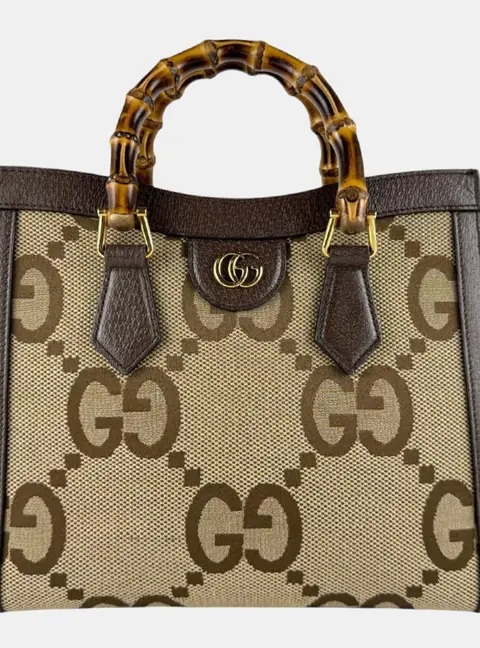 Gucci Diana Small Beige Jumbo GG Canvas Brown Leather Bamboo Top Handle Bag