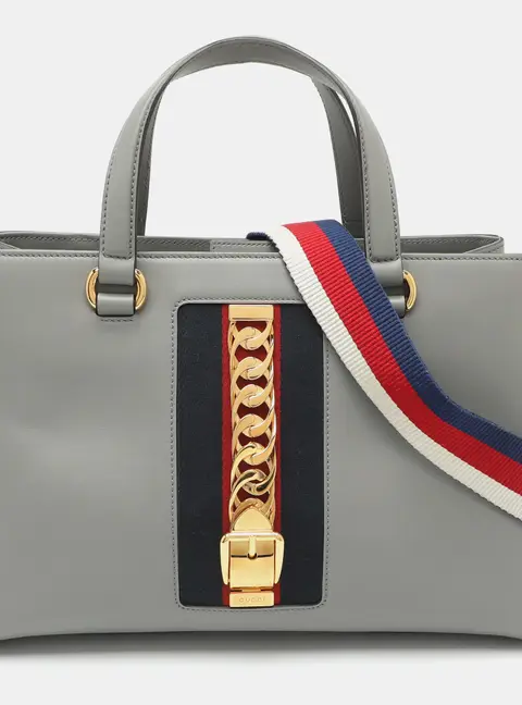 Gucci Sylvie Web Detail Grey Leather Tote